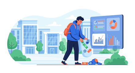 Illustration of student participating in campus clean-up campaign and digital tracking