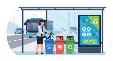 Woman sorting waste at bus stop, promoting environmental awareness and urban recycling practices