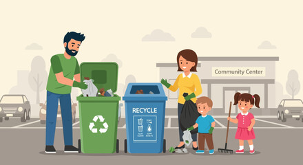 Family cooperation in community cleanup event focusing on recycling awareness