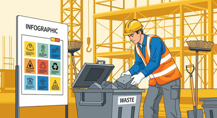 Construction site safety awareness and waste management practices illustration
