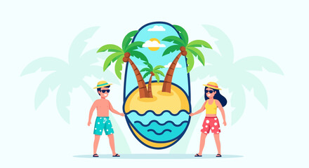 Couple Enjoying Tropical Vacation Near The Island With Beautiful Scene and Sunlight