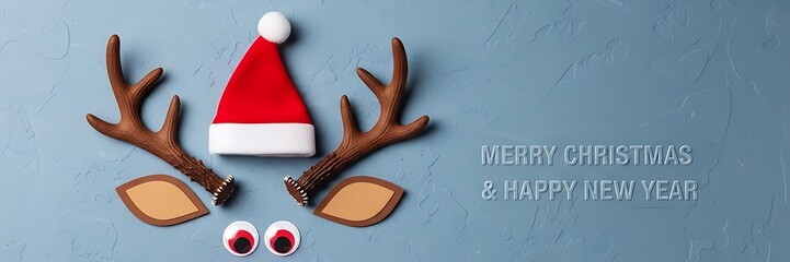 Christmas reindeer decoration with santa hat antlers and googly eyes on a blue textured background