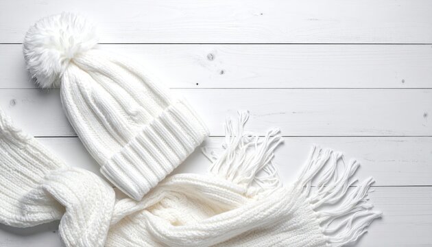 Winter concept. Top view photo of white bobble hat and knitted scarf on white wooden table background with copyspace. Cozy season. warm headwear plus neckwear on blank wood surface. perfect