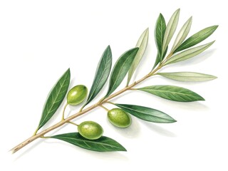 Dewy green olive branch laden with fresh fruit and water droplets