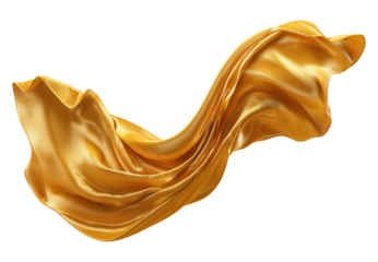 Golden satin fabric in flowing wave formation, isolated on transparent background