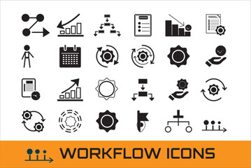 A modern workflow icon set representing business process, management, and teamwork concepts. Perfect for presentations, web design, apps, and corporate branding. These clean and minimal vector icons i