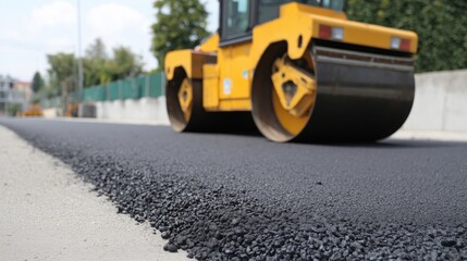 An asphalt roller rolling the new road. Construction site. Yellow presser working at asphalt laying site
