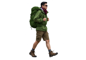 Young man hiking with backpack and sunglasses  isolated on transparent png