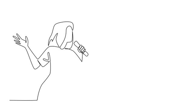 Animation of single one line drawing a woman is singing. Being in the music industry. A hobby that should be able to generate a lot of profit. National Sing Out Day. Full length motion