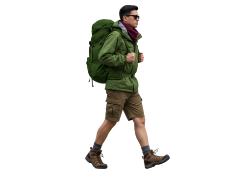 Young man hiking with backpack and sunglasses  isolated on transparent png