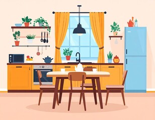 Obraz premium Cozy Kitchen Interior with Dining Table and Appliances.