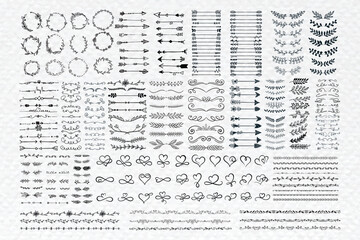 Fototapeta premium Vintage calligraphic elements. Decorative frames, flourish dividers, borders. Beautiful swirls, sinks decorated with motifs and scrolls. Circle, square and rectangular frames for cards vector