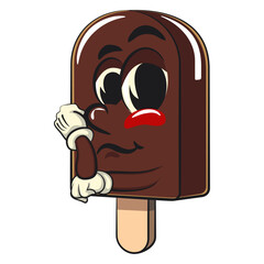 cute chocolate ice cream bar mascot cartoon vector illustration isolated being sad, work of hand drawn