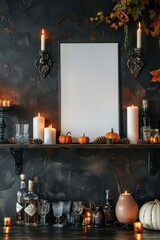 Halloween mockup with candles and pumpkins for spooky decor design. Vertical banner. Copy space. Template for a bar, restaurant, or cafe