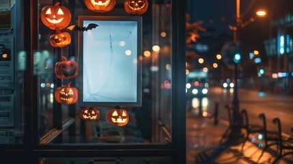 Spooky halloween mockup with glowing pumpkins and urban night scene. Horizontal banner. Copy space. Template for a bar, restaurant, or cafe