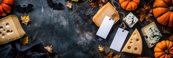Halloween themed cheese board with pumpkins and autumn leaves for festive celebrations. Horizontal banner. Copy space. Template for a delicatessen shop, restaurant, or supermarket