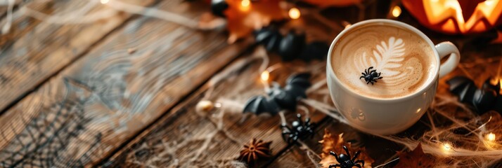 Spooky halloween atmosphere with pumpkin, coffee, and decor for festive design. Horizontal banner. Copy space. Template for a bar, coffee shop, bakery, or pastry shop