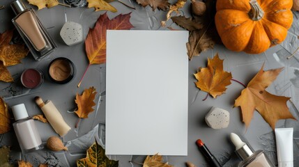 Halloween mockup with autumn leaves, pumpkins, and beauty products for festive design. Horizontal banner. Copy space. Template for a cosmetics shop, beauty salon, pharmacy, drugstore