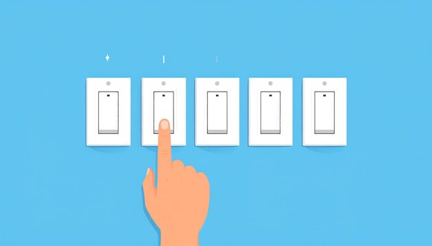 A hand interacts with several light switches, with one illuminated against a blue background, suggesting choice or action