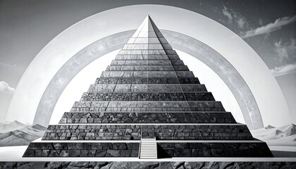 A grayscale rendering of a stepped pyramid and stylized celestial arcs