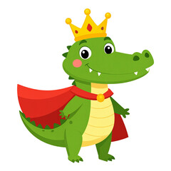 Fototapeta premium A cheerful cartoon alligator adorned with a golden crown and royal cape, exuding a playful and majestic aura. Ideal for children's books, party invitations, or any design requiring a touch of whimsy a