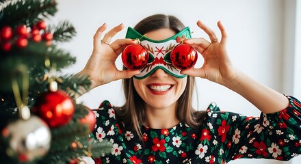 Woman holding ornaments over eyes near christmas tree wearing floral dress and christmas mask smiling