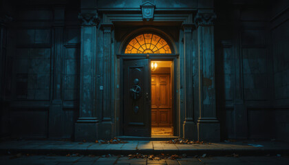 Mysterious doorway at night urban setting photography dimly lit environment close-up view intriguing concept