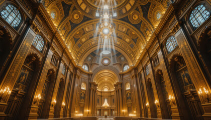 Naklejka premium Majestic sunlight illuminating grand architectural interior historic building photo elegant ambiance low angle luxury