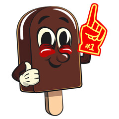 cute chocolate ice cream bar mascot cartoon vector illustration isolated raise foam finger, work of hand drawn