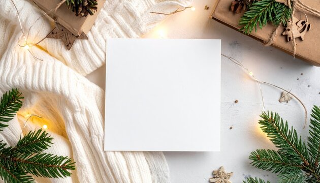 Square paper card near white sweater and wooden Christmas decor and lights mockup. Holiday season blank stationery display cozy winter theme with ornament and bright illumination.