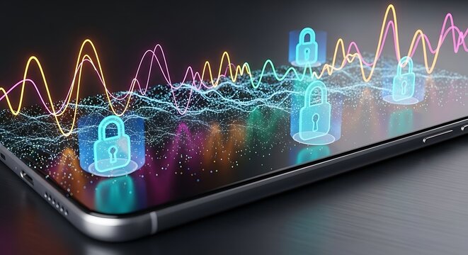 Smartphone with security lock and data stream on screen for cyber protection