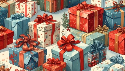 Array of colorful gift boxes with bows ready for special occasion