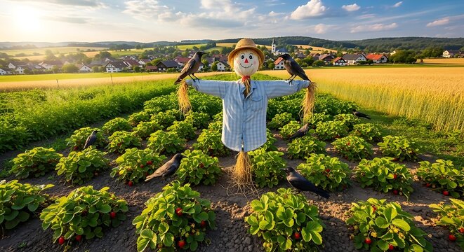 Scarecrow in a strawberry field at sunset - Powered by Adobe