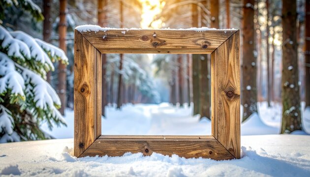 Rustic Wooden Winter Frame in Snowy Forest Scene Perfect for Holiday Greetings or Seasonal Announcements. Cozy wood border snow landscape image. great for christmas card or winter message.