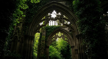 Fototapeta premium Ruined gothic arches overgrown with lush greenery