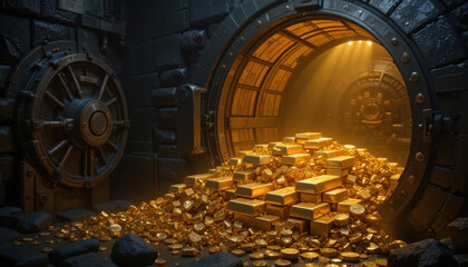 Treasure discovery event underground vault gold bars cinematic lighting mysterious atmosphere close-up view