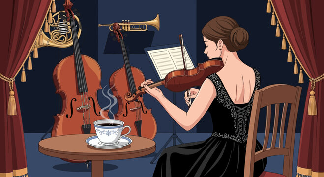 Enchanting serenade: A musician's tranquil interlude with musical instruments and coffee