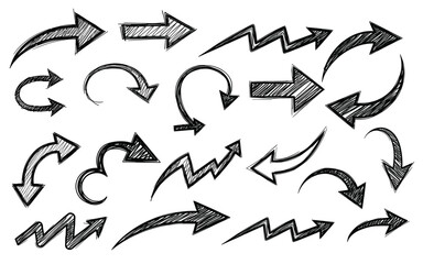 Hand Drawn Black Arrow Vector Set. Collection of Sketchy, Scribble, Curved, Zigzag, and Directional Shapes. Concept for Annotation, Pointer, Navigation, and Creative Graphic Design Element.