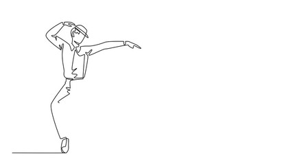 Animated self drawing of single one line drawing a man wearing a white long sleeve shirt, hat and his feet on tiptoes. Male dancer with phenomenal moves. National Tap Dance Day. Full length animation