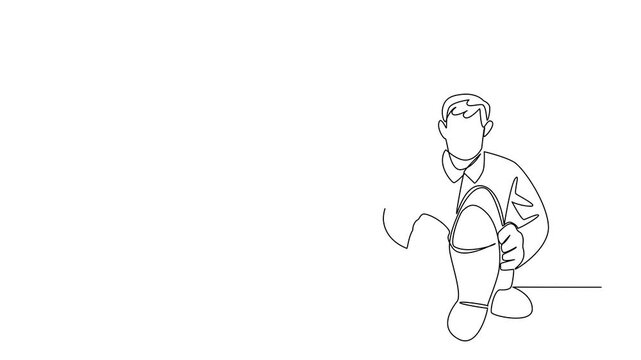 Self drawing animation of continuous one line drawing a man wearing tap dance shoes sitting with his legs stretched out. Preparation for entering dance. National Tap Dance Day. Full length animated