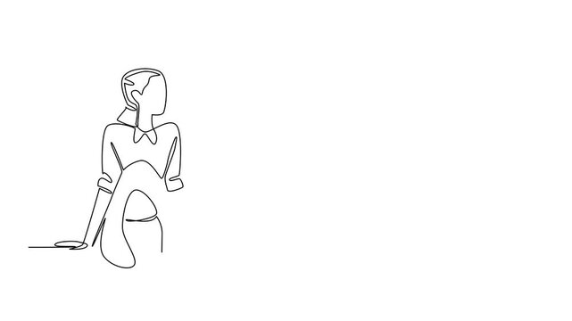 Animation of single continuous line drawing a woman wear tap dance shoes sitting with her legs stretched out. Take a break before the next performance. National Tap Dance Day. Full length motion