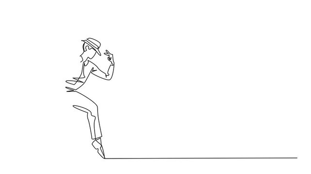 Animation of single one line drawing a man wearing a white long sleeve shirt, trousers and a hat posing. Doing the moonwalk movement. Pro dancer. National Tap Dance Day. Full length motion