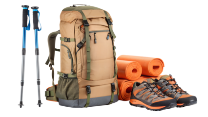Isolated hiking gear set includes backpack, boots, trekking poles, and sleeping pad
