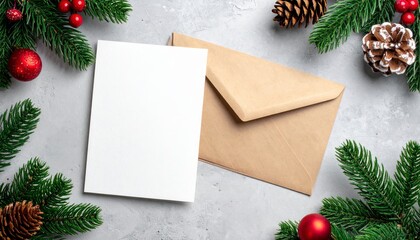 Greeting Card Blank Mockup with a Christmas Decor. Festive season stationery scene empty card design for holiday message christmas ornament.
