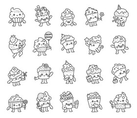 Cupcake character set in outline line art