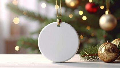 Flat round shape white ceramic ornament with red ribbon mockup closeup hanging on a Christmas tree decorated with red theme ornaments with gold bokeh lights background. Festive disc