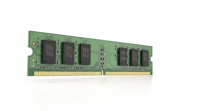 A green circuit board with eight black chips and a golden connector edge