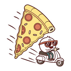 Funny Cartoon Pizza Slice Riding Tiny Scooter with Happy Expression