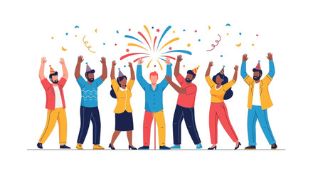 Group Of People Cheering Celebration With Confetti And Fireworks Display