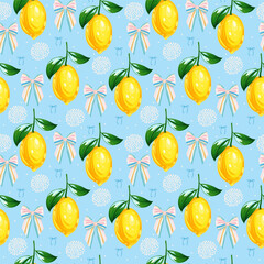 Cute Lemon Seamless Vector Pattern with Bows and Flowers — Modern Hand-Drawn Pastel Design for Fabric, Wrapping Paper, and Stationery